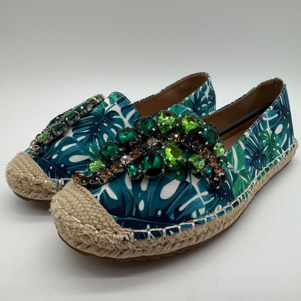 Lauren Lorraine Green Multi Tropical Jeweled Espadrille Flats Women's Size 6 New